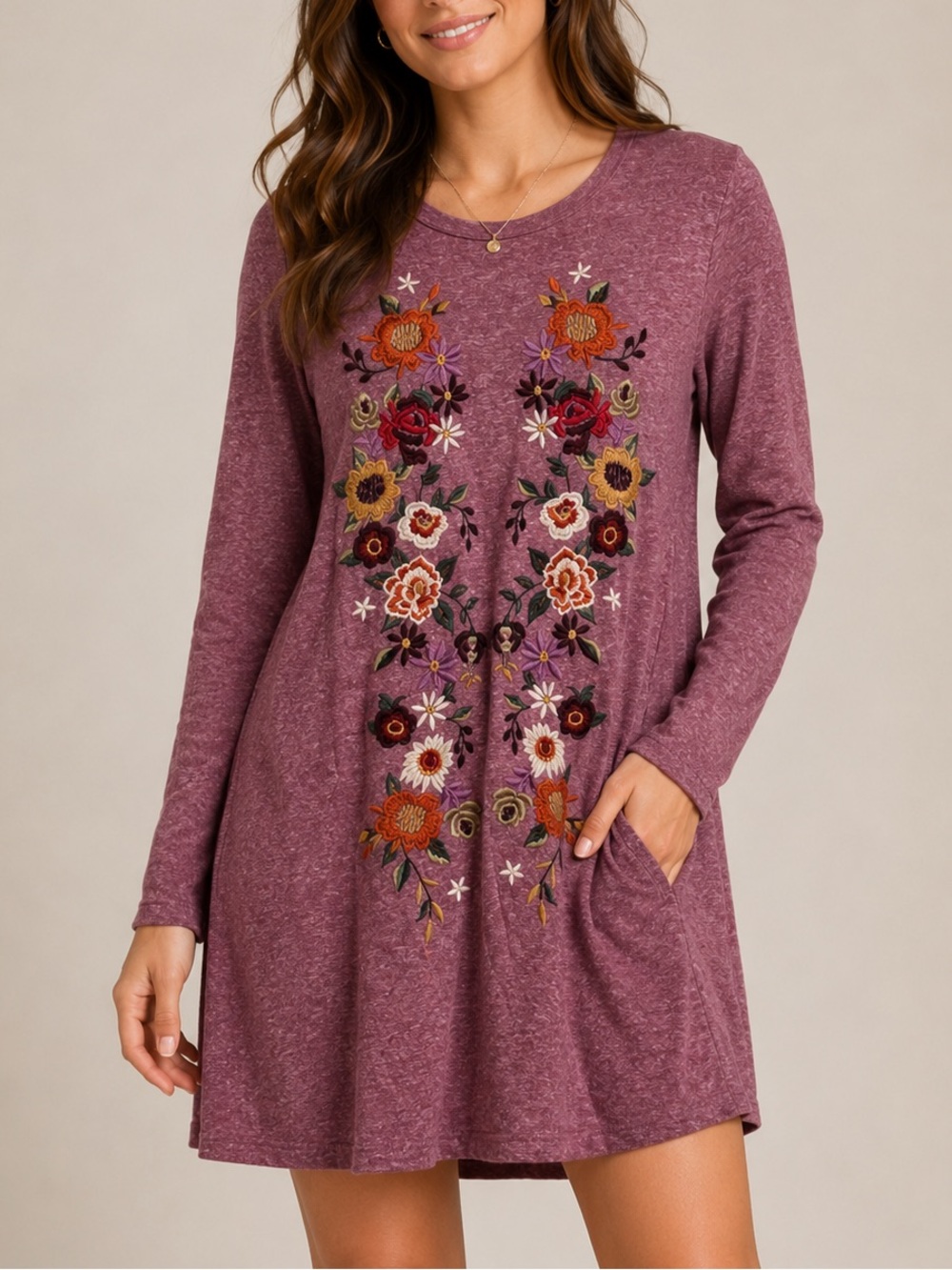 Umgee Floral Embroidered Long Sleeve Tunic Mini Dress Maroon Boho Medium